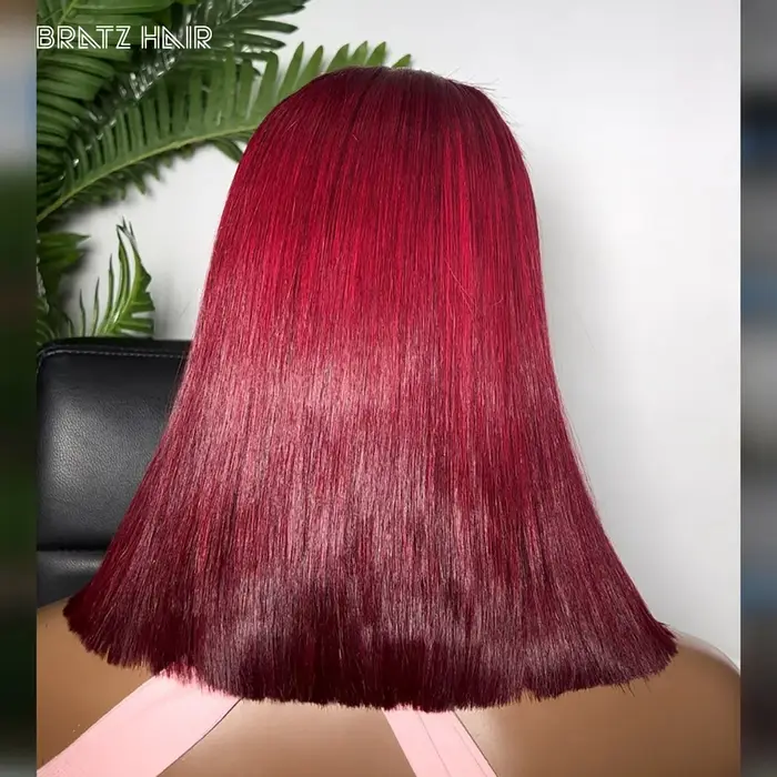Perruque Bob sans colle 99j bordeaux en cheveux humains 4x4 5x5 couleur vin pour femme