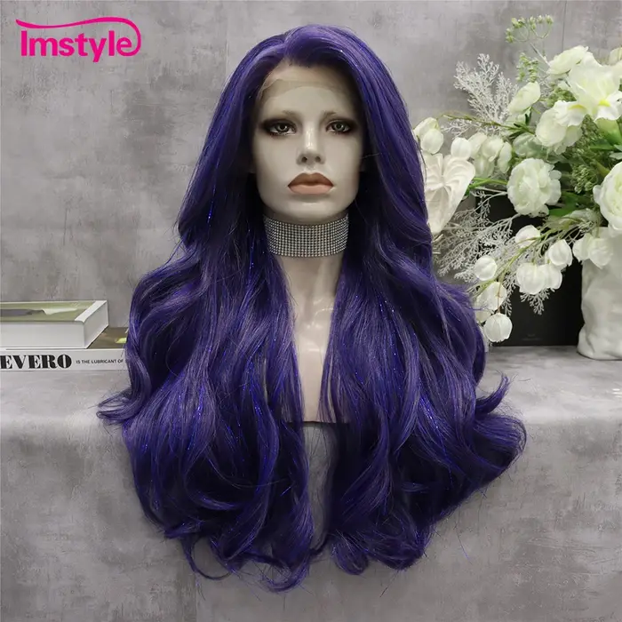 Imstyle Tinsel perruque synthétique dentelle avant perruque bleu mélange violet longue naturelle ond