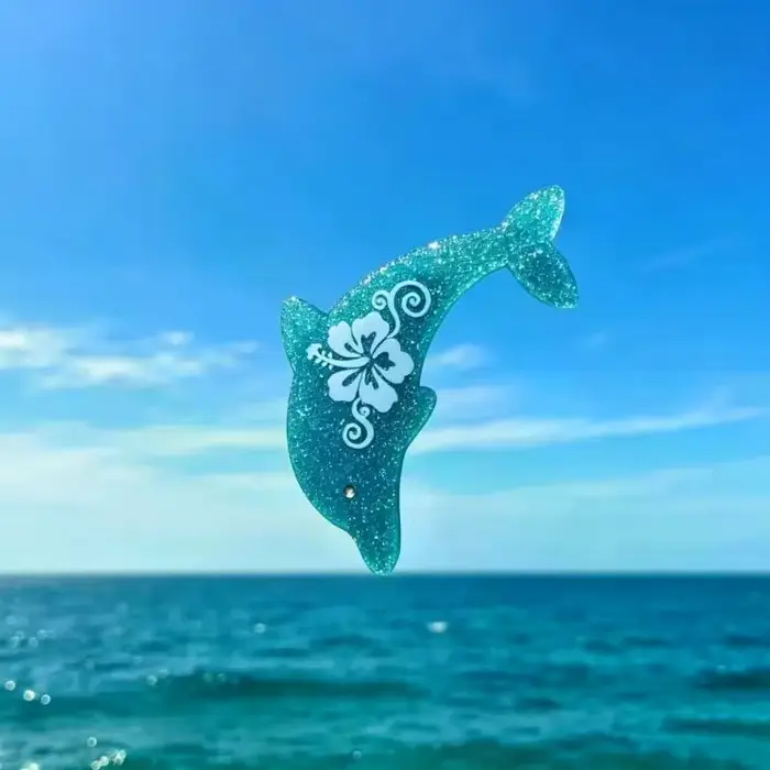 Barrettes à cheveux en forme de dauphin bleu scintillant avec fleur d'hibiscus rose et design tropical