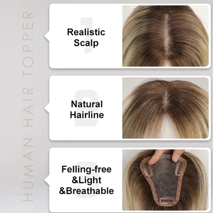 Cendré gris brun 100% Remy cheveux humains Toppers Clips dans les cheveux dentelle Base Topper posti