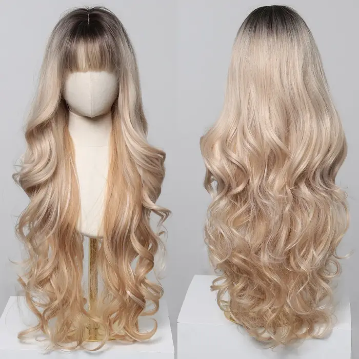 Perruques synthétiques ondulées blondes ombrées avec frange pour femmes