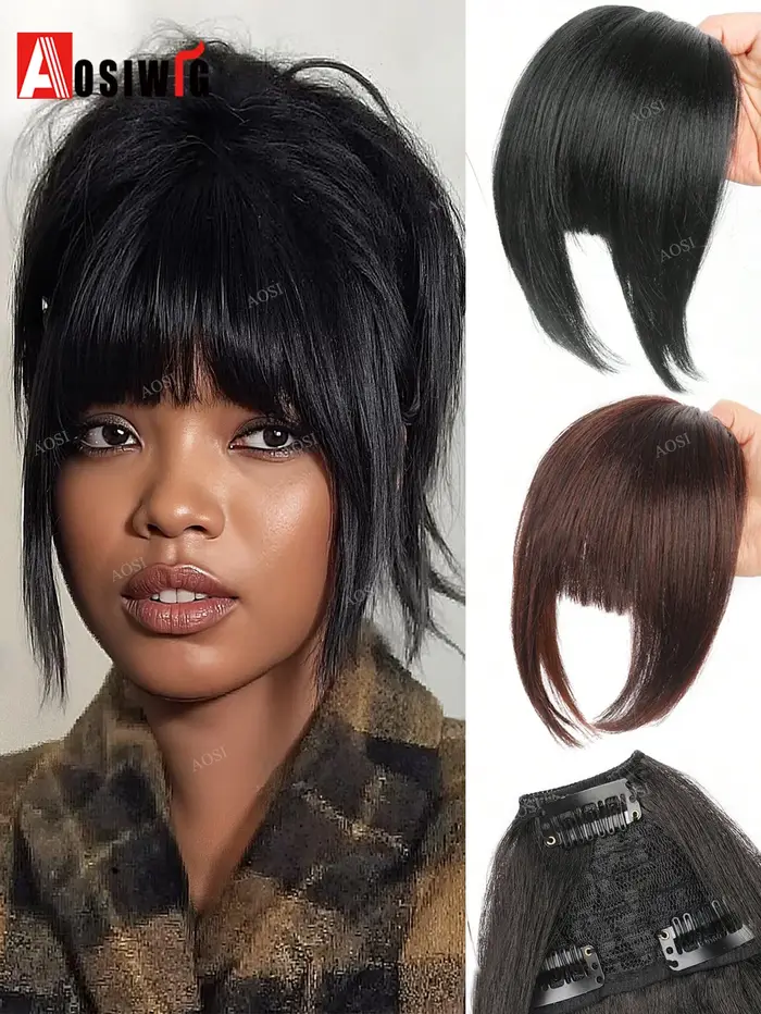 Extensions de cheveux synthétiques Yaki lisses avec frange épaisse pour femmes