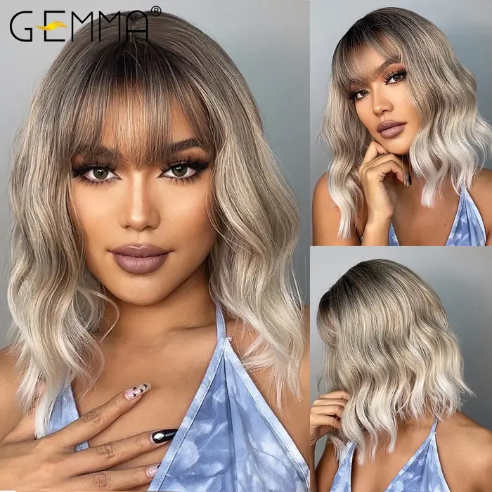 GEMMA – perruque synthétique BoBo marron foncé avec frange pour femmes, postiche lisse à longueur d'