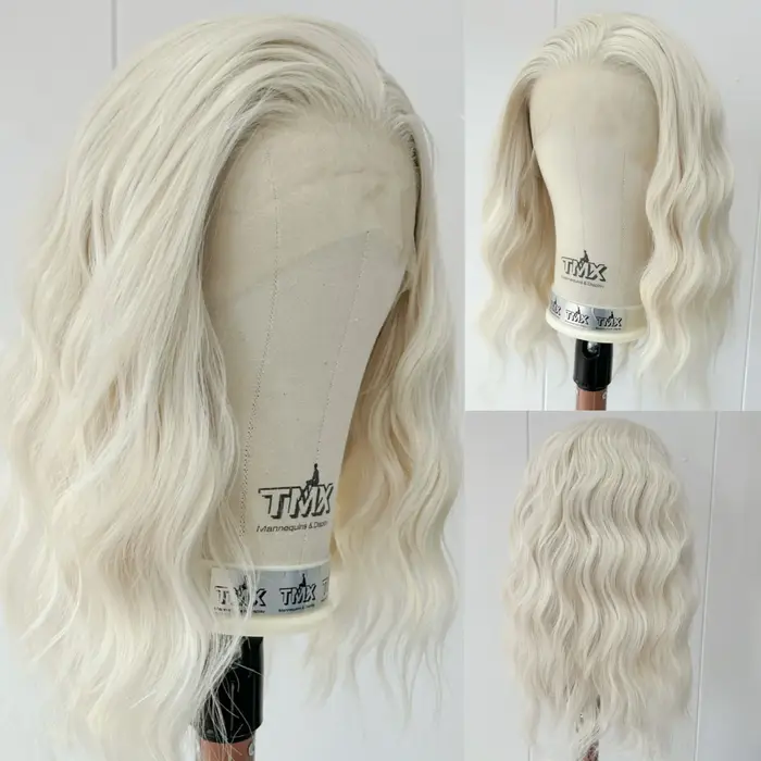 Perruques Bob Lace Front synthétiques ondulées blondes courtes 60 pour femmes