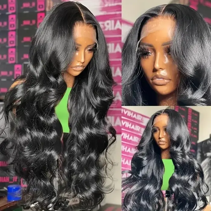 Perruque Lace Frontal Wig naturelle brésilienne, cheveux humains, Body Wave, noir naturel, 13x4 HD, 
