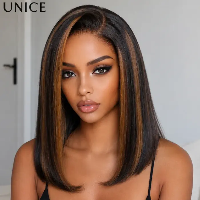 Perruque Bob UNICE Blonde Highlight Water Wave avec cordon de serrage Bye-Bye Slip 7x5 Lace Glueless 100% Cheveux Humain