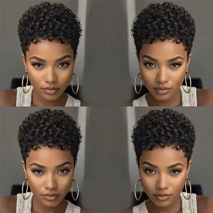 Perruque de cheveux humains courte coupe lutin sans colle