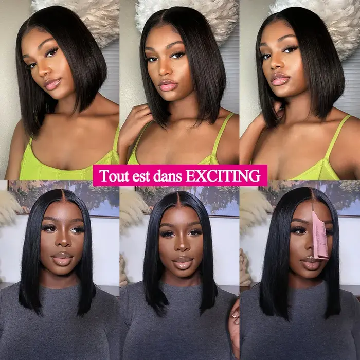 Perruque droite bob sans colle, cheveux humains 100%, dentelle transparente 4x4, prête à porter et p