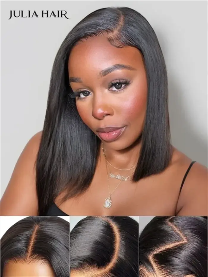 Julia Hair 13x4 7x5 Yaki droite Bob sans colle perruque Bye Bye noeuds dentelle frontale perruque de