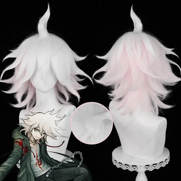 Anime Nagito Komaeda Cosplay perruque 37 cm de Long rose blanc dégradé perruques résistant à la chal
