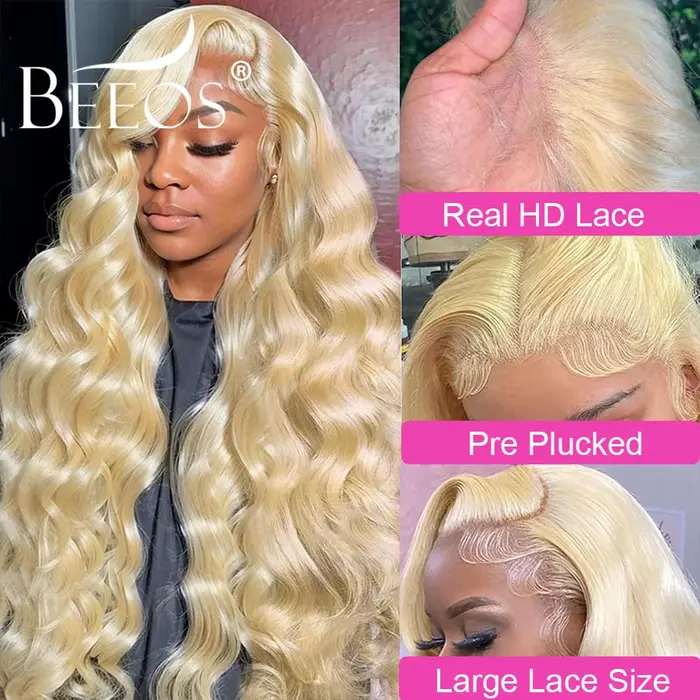34 pouces 250% 13x6 HD dentelle frontale perruques fondre peaux cuir chevelu naturel 613 Blonde vagu