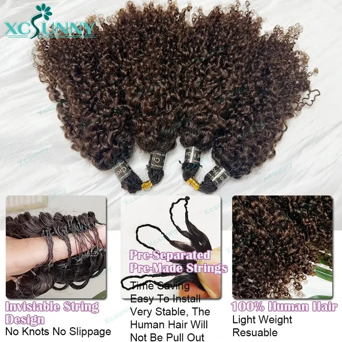 Extensions de cheveux humains au crochet effet plume, bouclées afro crépues ombrées 1b 4, pré-séparé