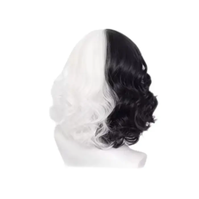 Perruque synthétique courte bouclée Cruella noire et blanche pour femmes
