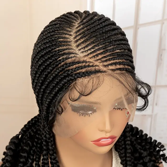 Perruque tressée pleine dentelle avec extrémités bouclées, tresses synthétiques Cornrow pour femmes 