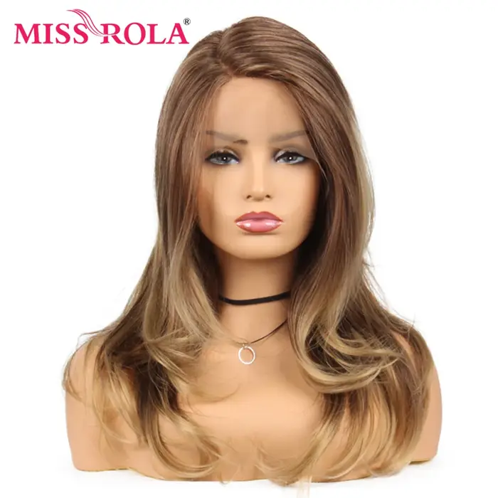 Miss Rola-Perruque synthétique longue ondulée pour femmes noires, perruque en dentelle brune ombrée,