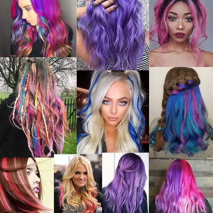 Extensions capillaires synthétiques à clips, 6 pièces/paquet, reflets de fête colorés, 22 pouces, po