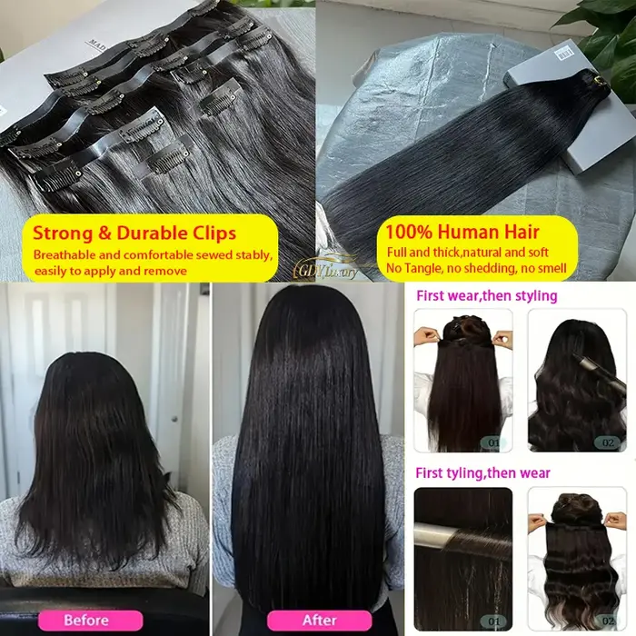 15A pince sans couture Ins cheveux humains raides 100% Extensions de cheveux humains non transformés