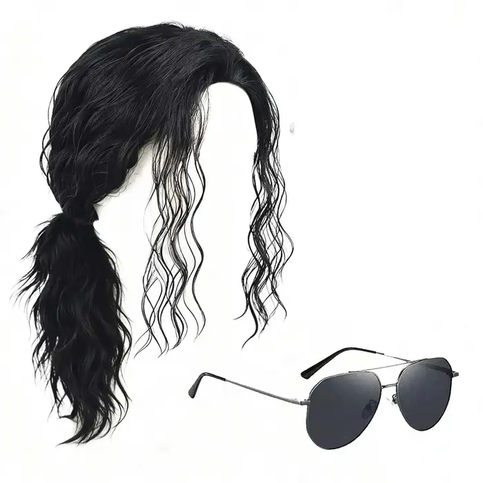 Perruque synthétique noire pour homme, style mulet, avec lunettes et gants, longue et bouclée, année