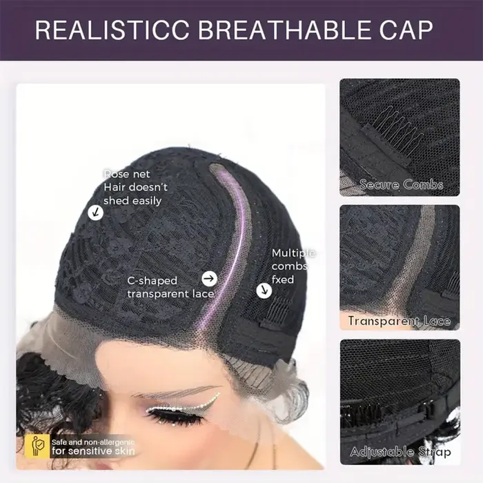 Perruque Bob Cheveux Humains Bouclés Crépus Ombré Brun 13x5x1 T Lace Frontal Densité 180% 10 Pouces Pré-Pluckée Sans Colle Noir Naturel pour Femmes