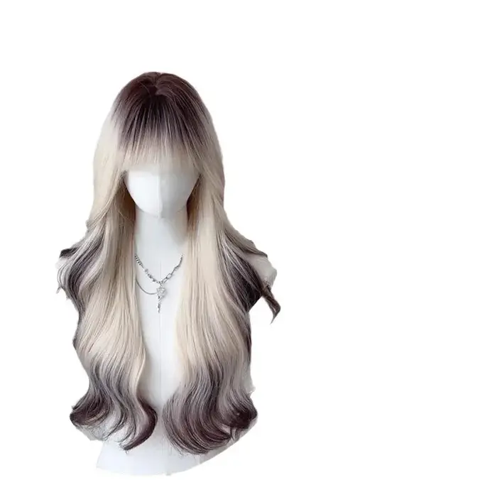 Perruque longue bouclée dégradée, effet peinture à la main, teinture et finition haut de gamme, synthétique, couvre-tête complet
