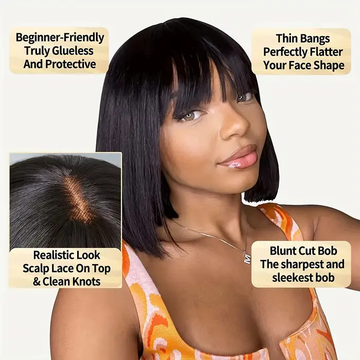 Perruques en cheveux humains lisses avec frange, perruque noire 1b, pas de dentelle, couleur naturel