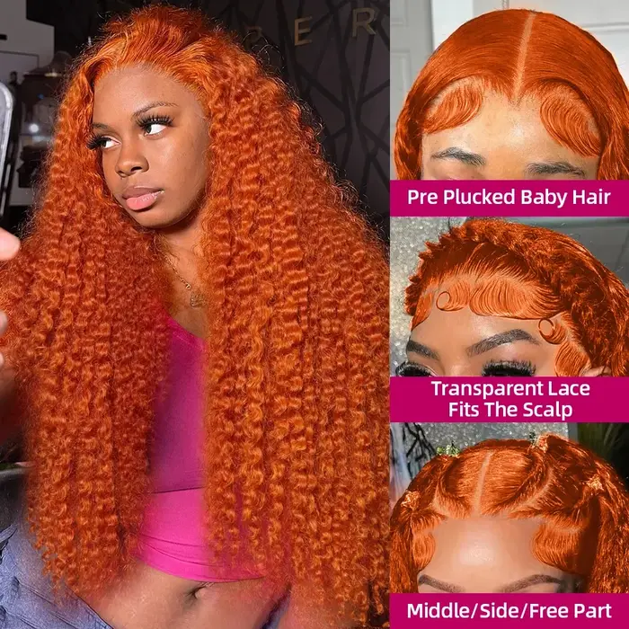Perruque Lace Frontale 13x6 en Cheveux Humains, Ondulations Profondes Couleur Gingembre Orange, Dens
