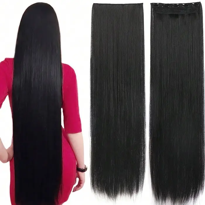24 pouces/32 pouces/40 pouces postiches synthétiques longues droites pince dans les Extensions de cheveux noir naturel