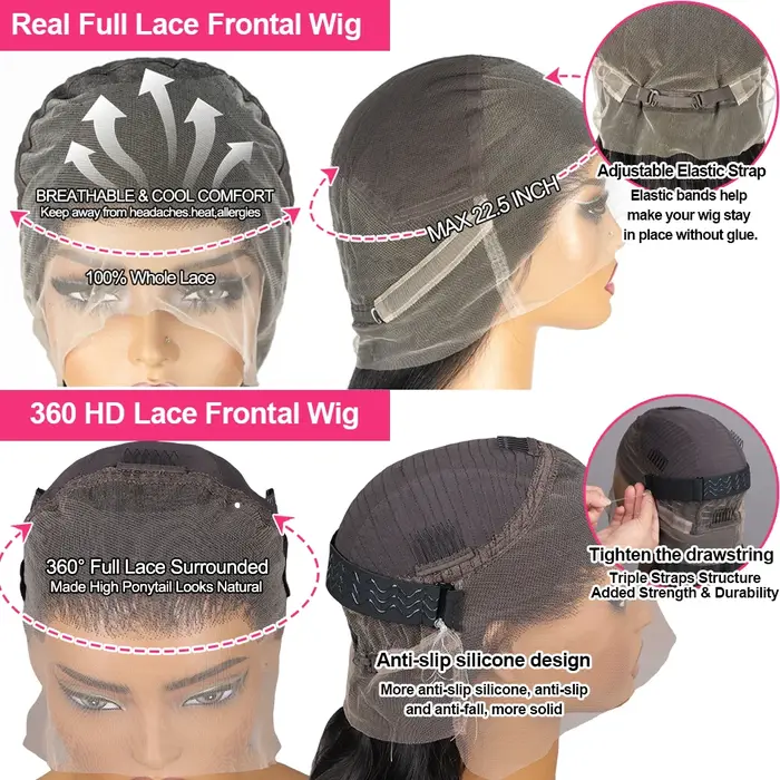 Perruque Full Lace Wig naturelle brésilienne lisse, cheveux lisses, densité 250, pre-plucked, 360 HD