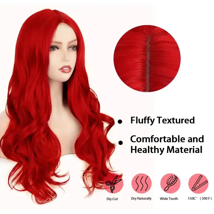 Perruque synthétique rouge à grandes boucles pour cosplay d'Halloween. Convient pour un usage quotidien. Livré avec un bonnet chauffant pour cheveux.