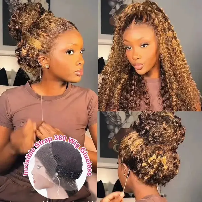 Miel Blonde 360 dentelle avant perruque cheveux humains 250 densité vague profonde mettre en évidenc