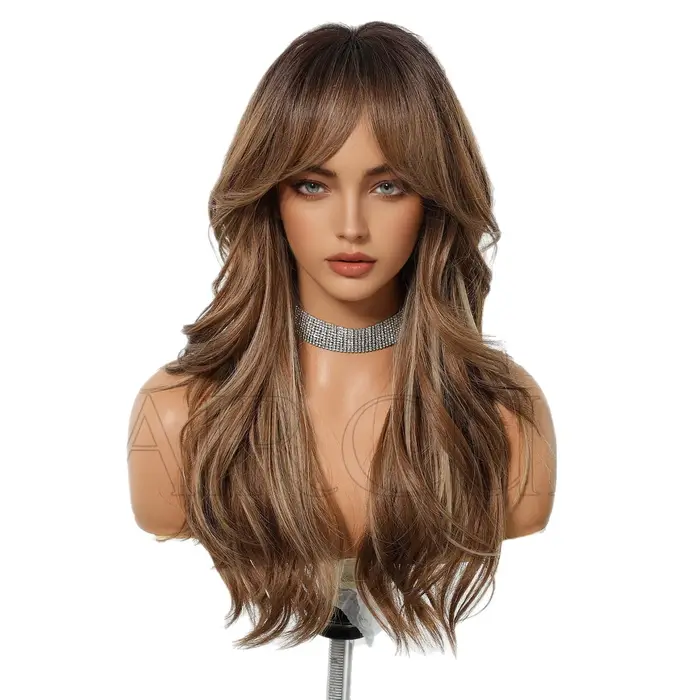 Perruques ondulées brunes pour femmes avec frange, perruque longue en cheveux synthétiques naturels,