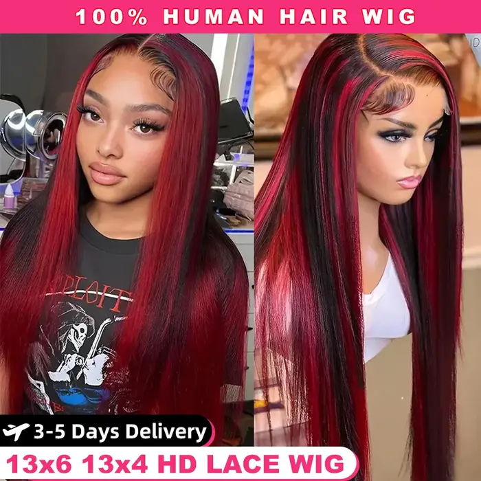 Ombre mettre en évidence bordeaux perruque cheveux humains 13x4 droite dentelle avant perruque 13x6 