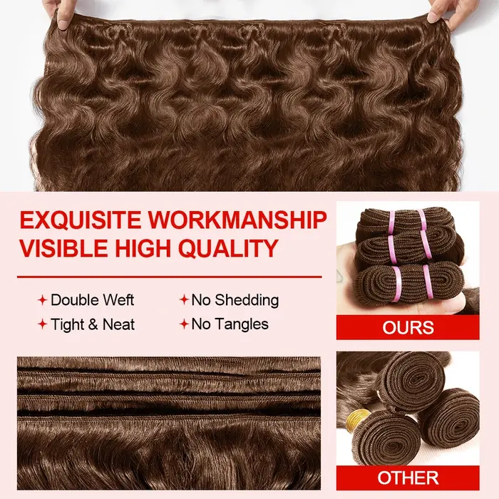 Tissage en lot brésilien 100% naturel Body Wave, couleur chocolat, brun miel, non traité, lots de 1/