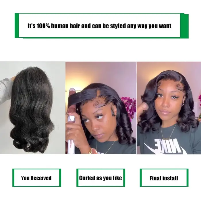 Perruque Courte Bob Ondulée 250% Body Wave HD Lace Frontal en Cheveux Humains, Sans Colle, Perruques
