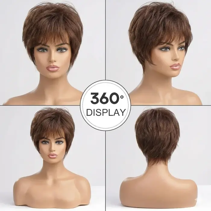Perruque courte noire coupe pixie 6*6 avec base en soie et devant en PU, 100% cheveux humains pour f