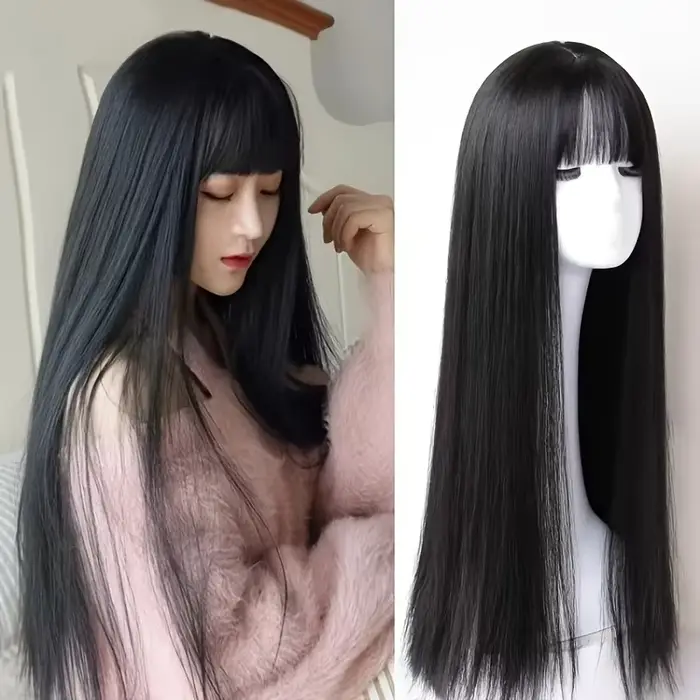 Perruque synthétique noire longue et lisse pour fête d'Halloween, perruque de cosplay pour usage quo