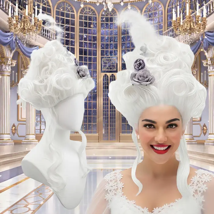 Perruque synthétique rose moelleuse de haute qualité |   Coiffure de la reine avec des fleurs de plu