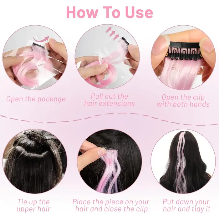 6 Pièces Extensions de Cheveux Noirs 22 Pouces Bouclées Ondulées Colorées à Clipser pour Enfants Filles Synthétiques – Idéales pour les Fêtes