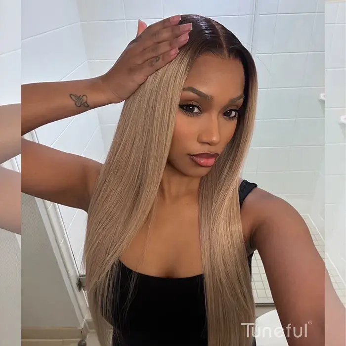 Perruques Tuneful Professionnelles en Cheveux Humains Blond Cendré Ombré et Blond Foncé Mélangé, Lac