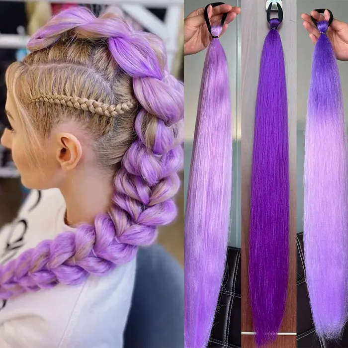 Queue de cheval synthétique longue et lisse de 28 pouces, queue de cheval tressée violette avec élas