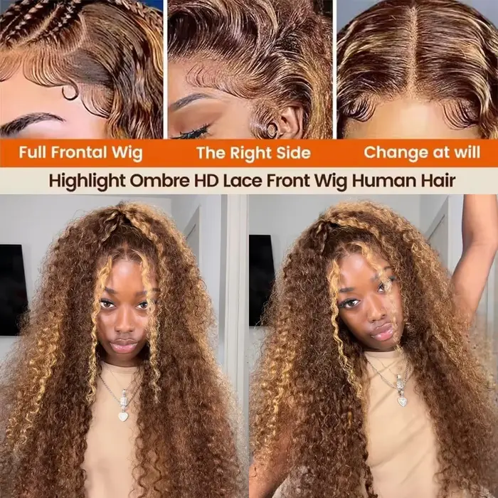 Perruques bouclées Highlight, Perruque Lace Front HD 13x6 en cheveux naturels, Perruques Lace Fronta