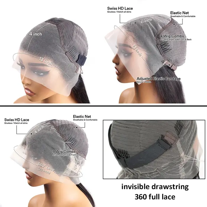 Perruque HD 360 Full Lace en cheveux naturels pré-épilée, perruque HD Lace 13x6, perruques en cheveu