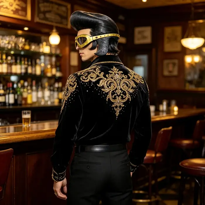 Masque de style rock vintage avec lunettes dorées et coiffure pompadour noire pour costume de fête pour homme