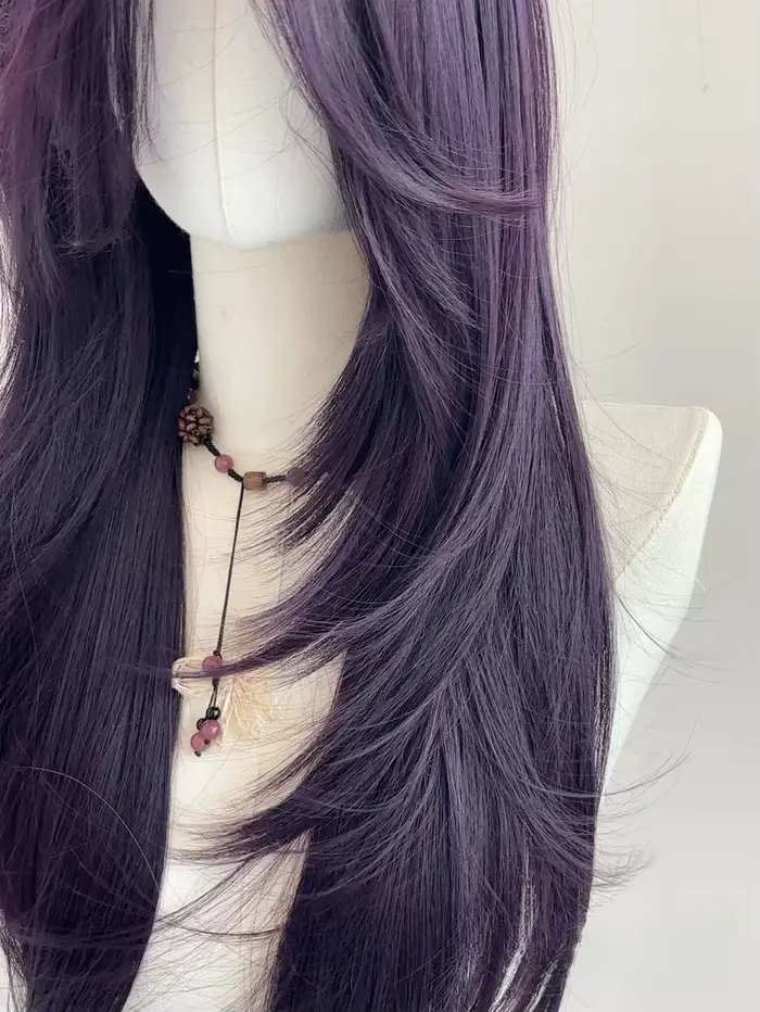 Ashely Perruque violet foncé femme 22 pouces cheveux longs rideau frange couches Nature cheveux raid