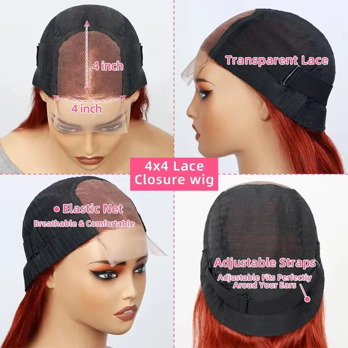 Perruque de gingembre cheveux humains Orange vague de corps Bob perruque sans colle perruque 4x4 Hd