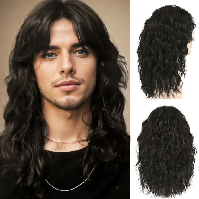 Perruque synthétique marron foncé pour hommes, coiffure naturelle, cheveux longs bouclés, usage quot