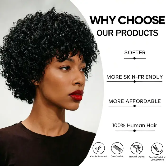 Perruque en cheveux humains noirs bouclés crépus avec frange, densité 180%, fabriquée à la machine, bonnet respirant, aspect naturel pour femmes, usage quotidien décontracté