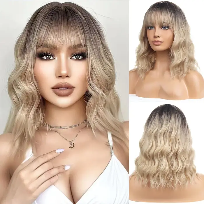 Perruque Bob Blonde 14 pouces avec frange pour femmes