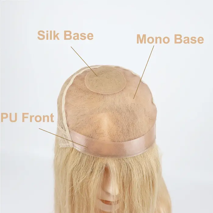 Perruque de cheveux humains entièrement attachée à la main, mono filet en soie, couronne blonde, PU