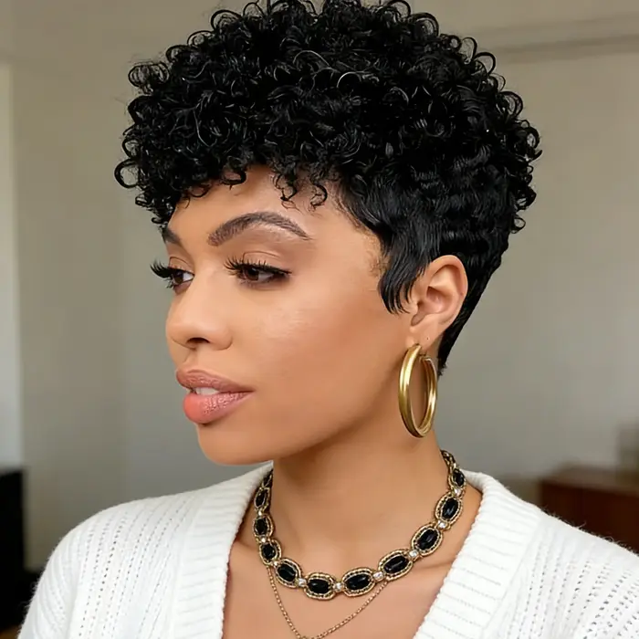 Perruque Courte Bouclée Pixie en Cheveux Humains pour Femme